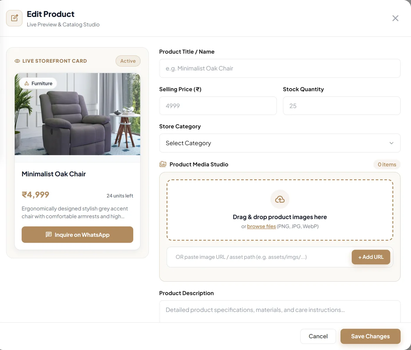 The Eusta product editor with a live preview of the storefront card